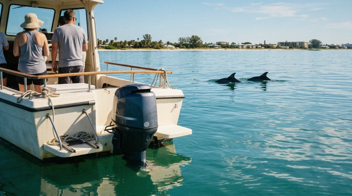 A tour boat idling with its engine in neutral as dolphins swim past at a distance on a bright day off Anna Maria Island