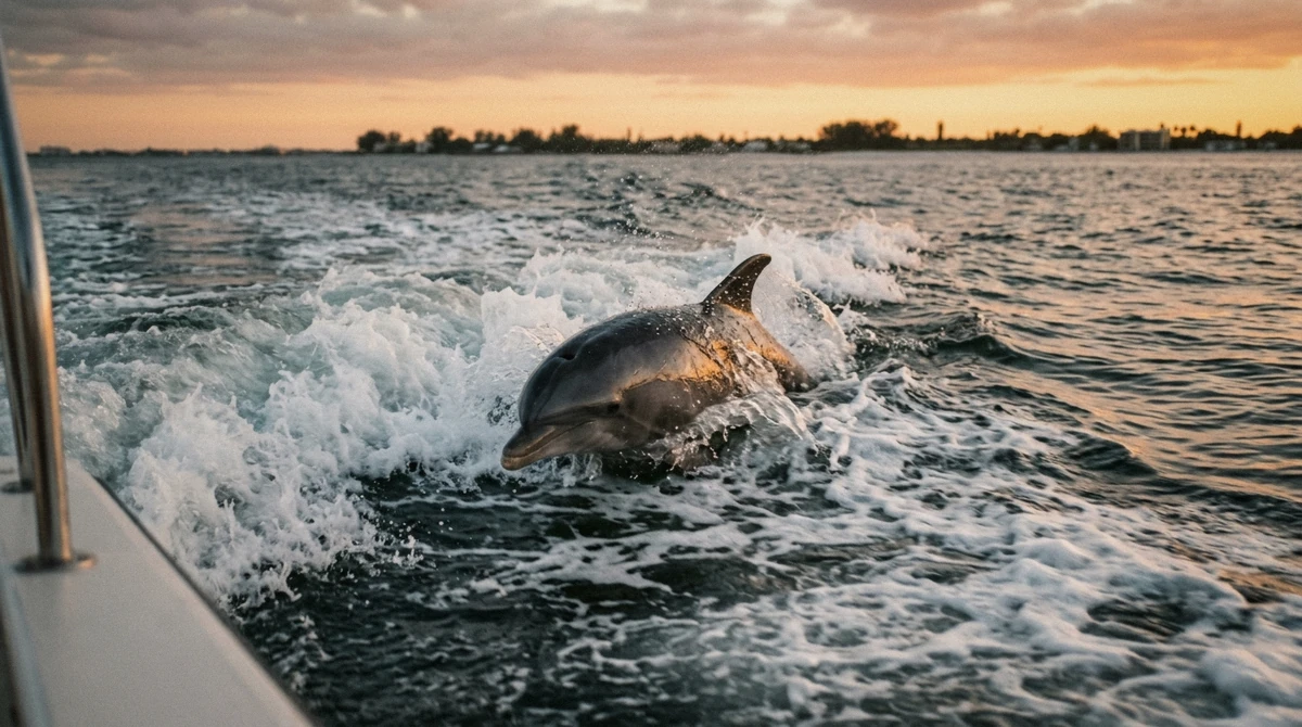 A dolphin riding the wake beside a tour boat in warm evening light on a dolphin tour off Anna Maria Island