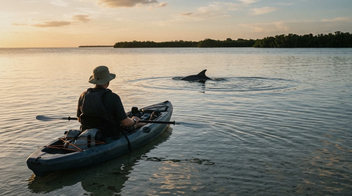 A paddler sitting still in a sit-on-top kayak as a bottlenose dolphin surfaces nearby in shallow water off Anna Maria Island