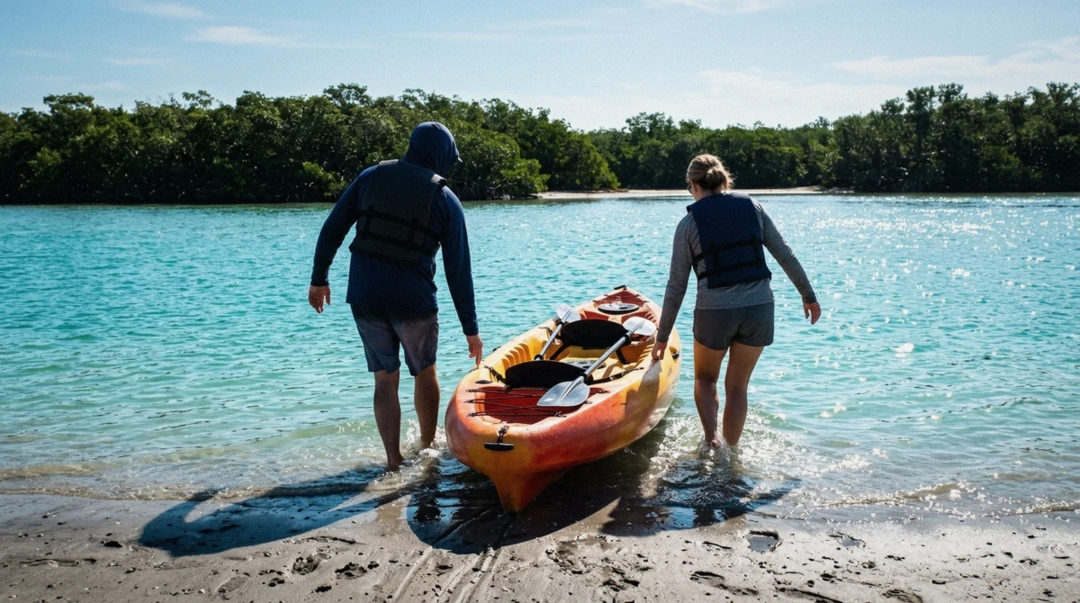 Paddlers in quick-dry clothing and life vests setting off from the beach on a kayak dolphin tour near Anna Maria Island