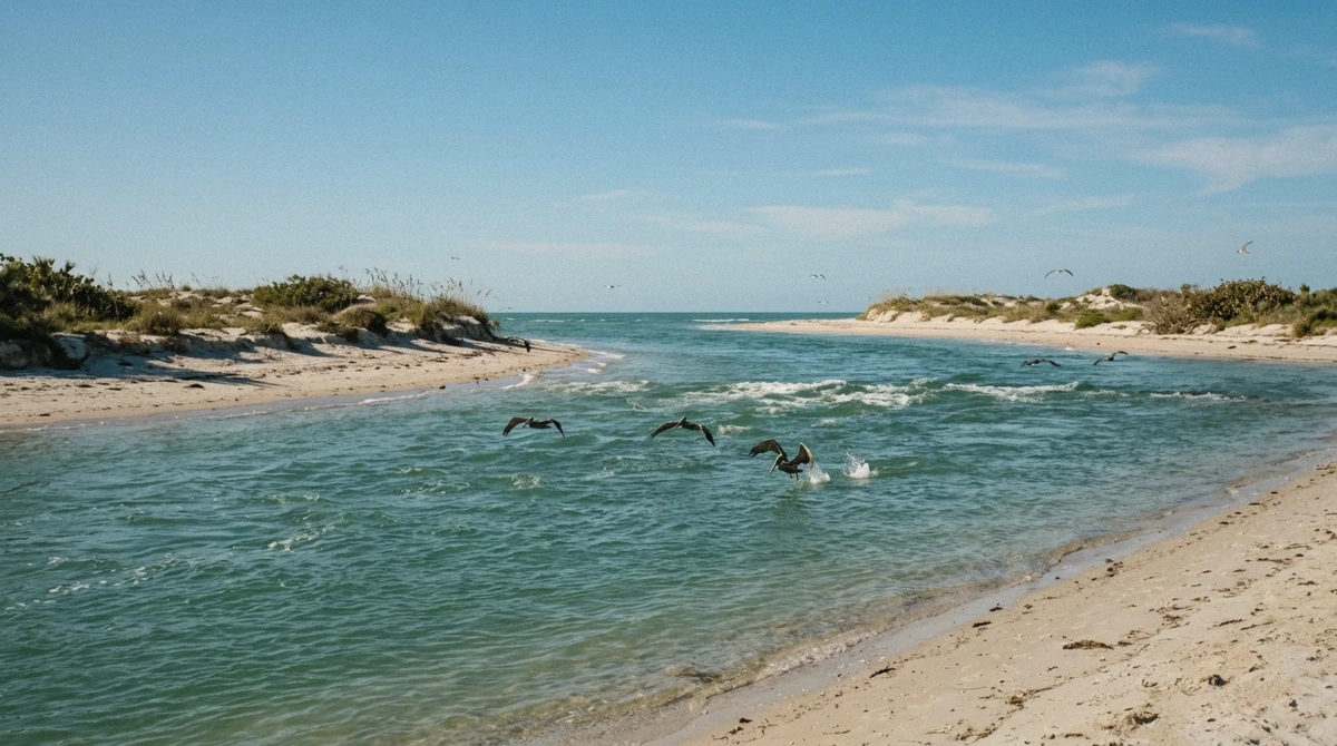 Water moving through the narrow gap at Longboat Pass beside Coquina Beach, a free spot to see dolphins near Anna Maria Island