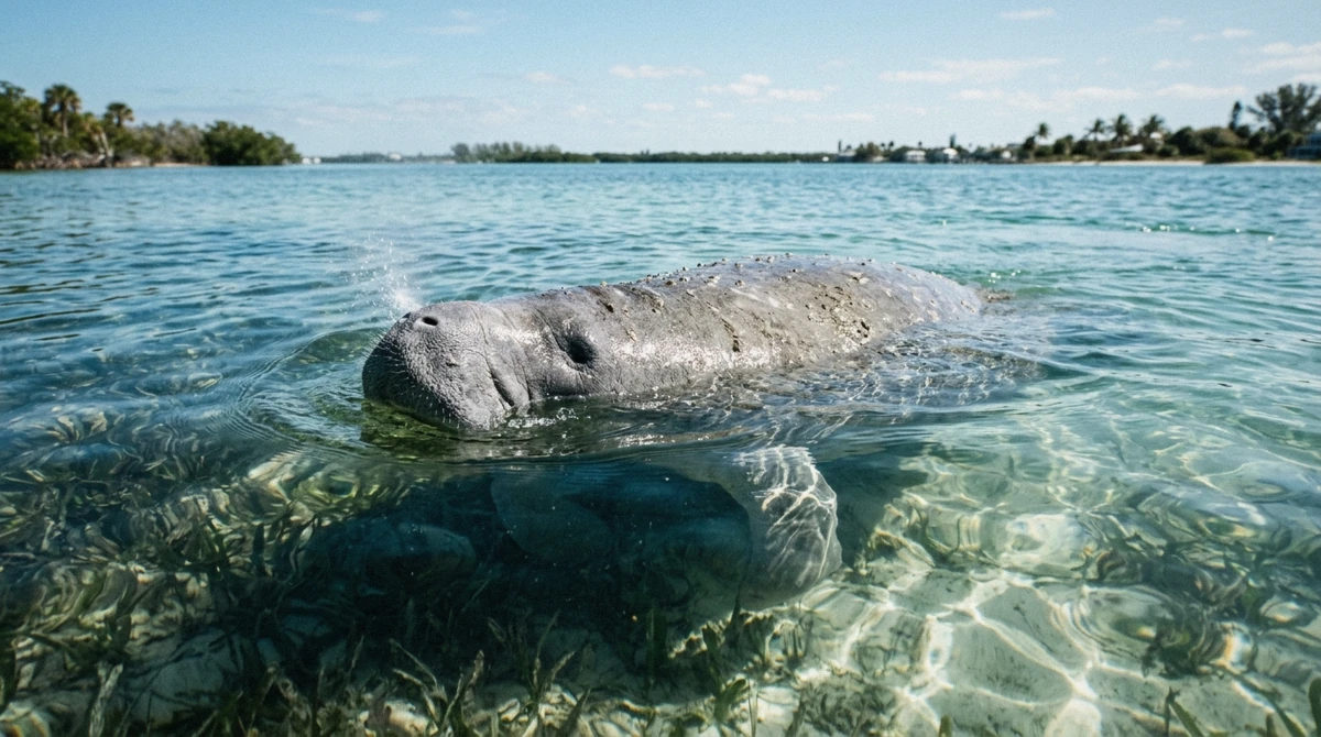 A manatee surfacing for air in bright shallow water near Anna Maria Island in winter, with seagrass visible below