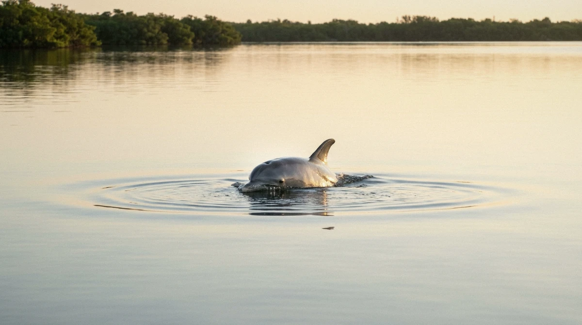 Flat calm bay water at sunrise behind Anna Maria Island with a dolphin fin breaking the surface, the best time of day for dolphin watching