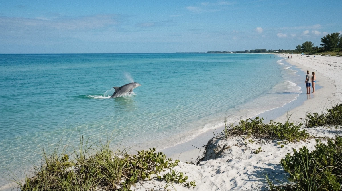 A dolphin surfacing in shallow water close to the shoreline on Anna Maria Island, seen from the beach on a bright morning