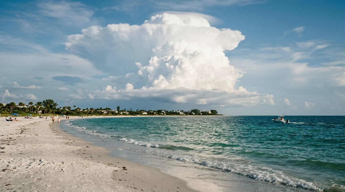 A summer storm line building over the Gulf of Mexico beyond Anna Maria Island on an afternoon in the wet season