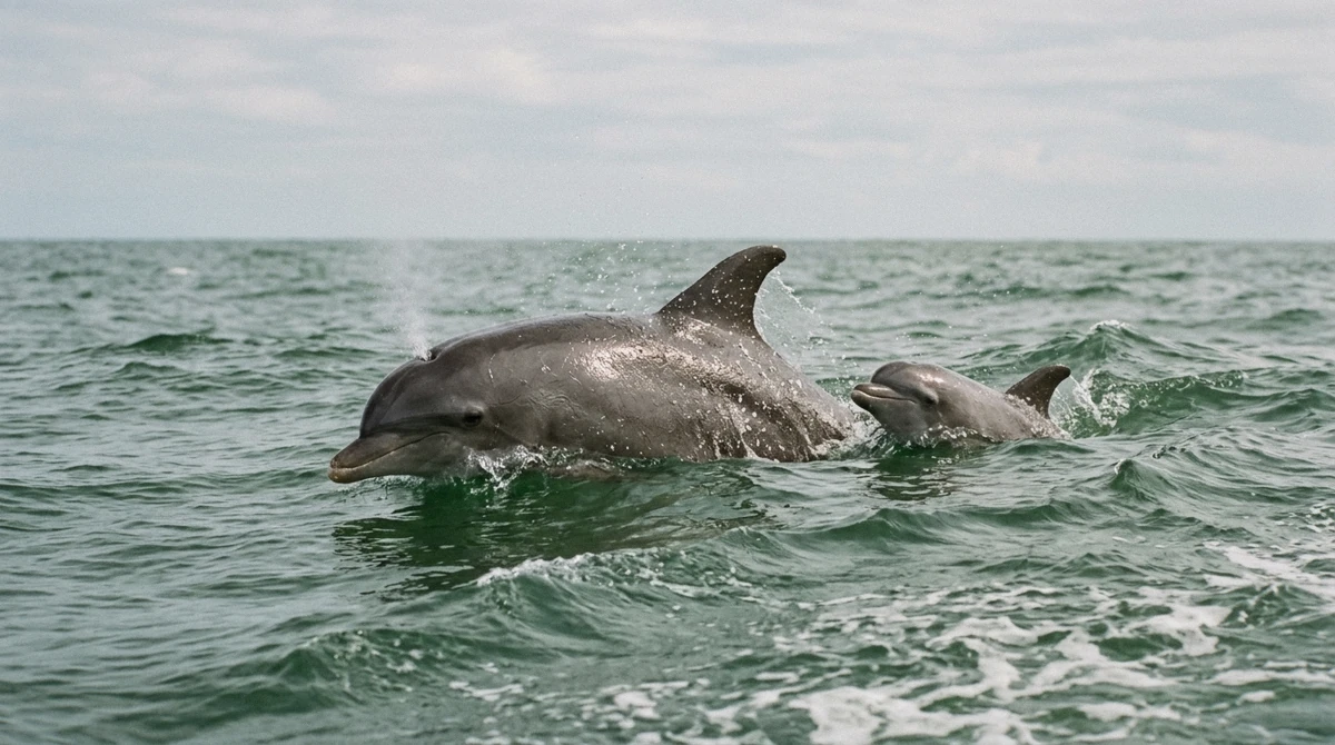 Two bottlenose dolphins bow-riding in front of a boat in the Gulf of Mexico on an Anna Maria Island dolphin tour