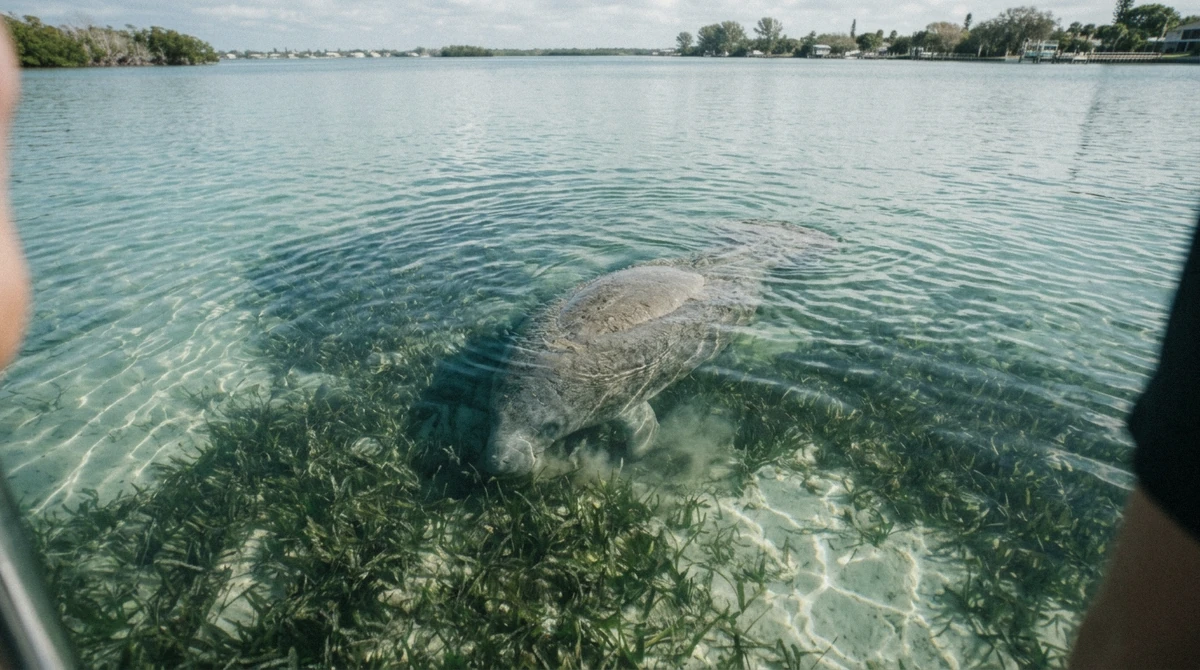 A manatee grazing on seagrass in shallow clear water near Anna Maria Island, often seen on winter dolphin tours