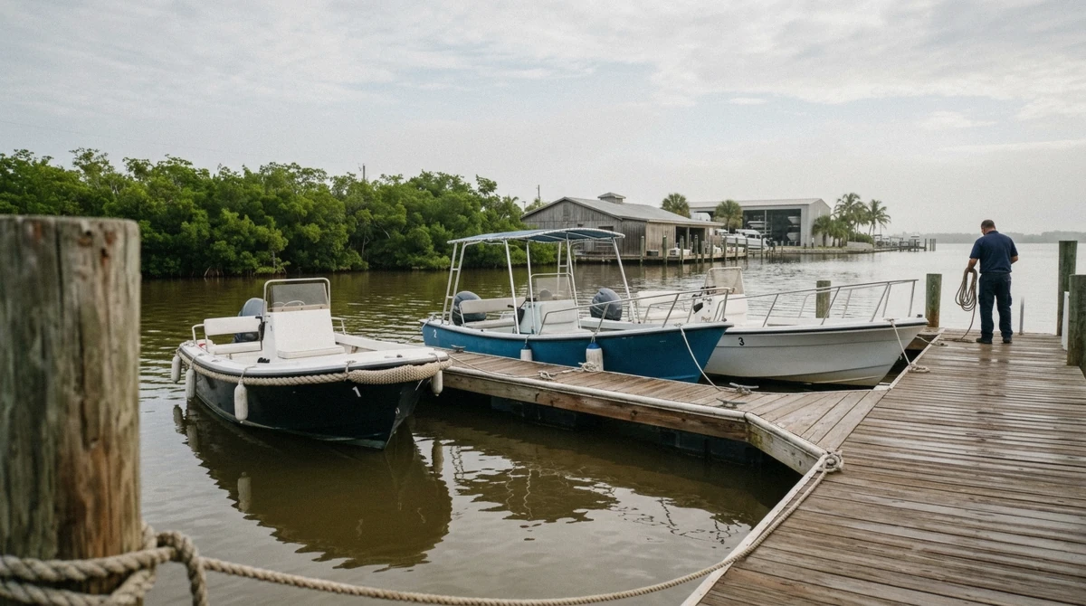Small tour boats tied up at a marina on Holmes Beach in the early morning before an Anna Maria Island dolphin tour