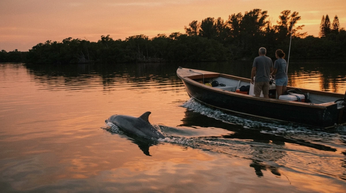 A bottlenose dolphin surfacing beside a tour boat at sunset on an Anna Maria Island dolphin tour off Holmes Beach, Florida