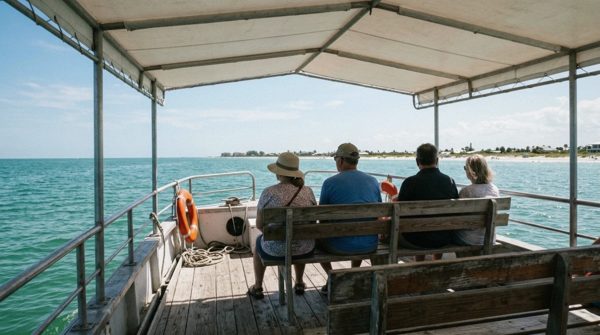 Passengers under the shade roof of a small tour boat watching dolphins on an Anna Maria Island dolphin tour near Longboat Key