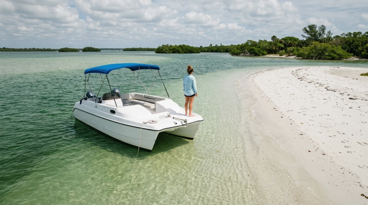 A private catamaran boat idling in clear shallow water near Jewfish Key on a private Anna Maria Island dolphin tour