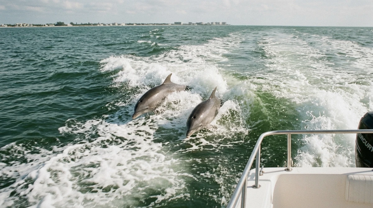 Dolphins riding the wake behind a private cabin cruiser on a private Anna Maria Island dolphin tour off Bradenton Beach